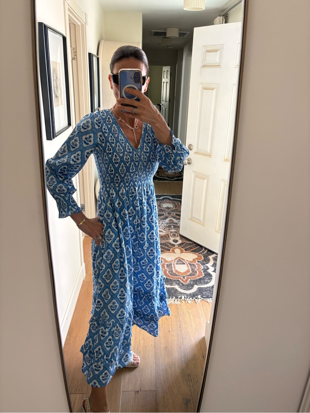 Pink City Prints Tuckernuck 100% Cotton Blue White Floral Smocked Maxi Dress S